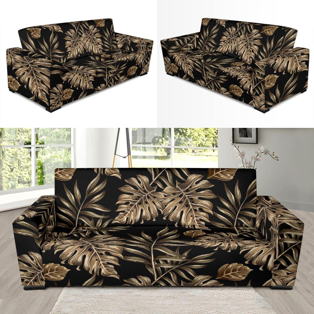Brown Tropical Palm Leaves Sofa Slipcover-JTAMIGO.COM