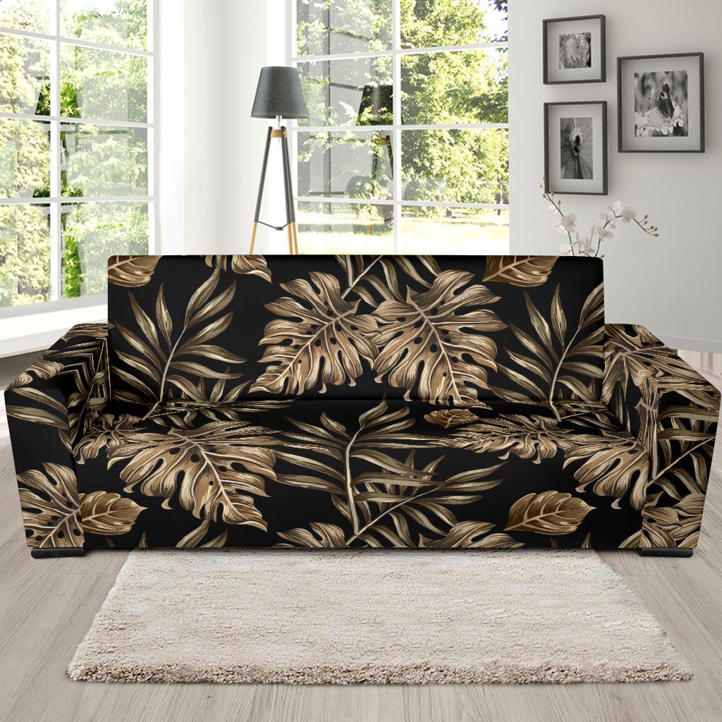Brown Tropical Palm Leaves Sofa Slipcover-JTAMIGO.COM