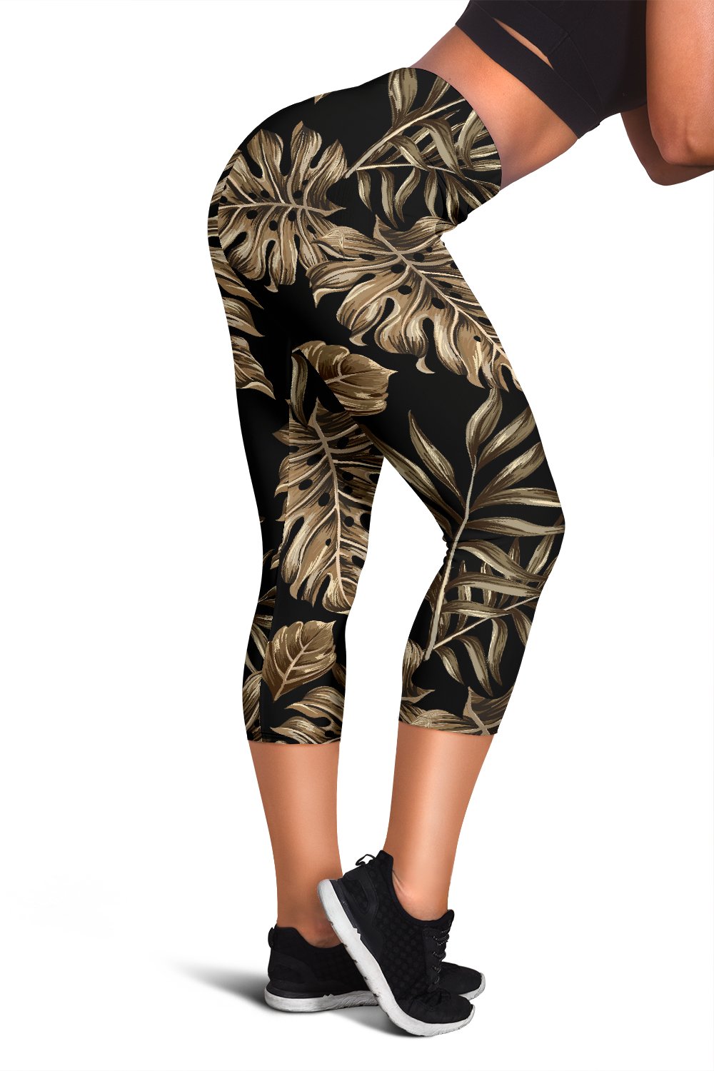 Brown Tropical Palm Leaves Women Capris