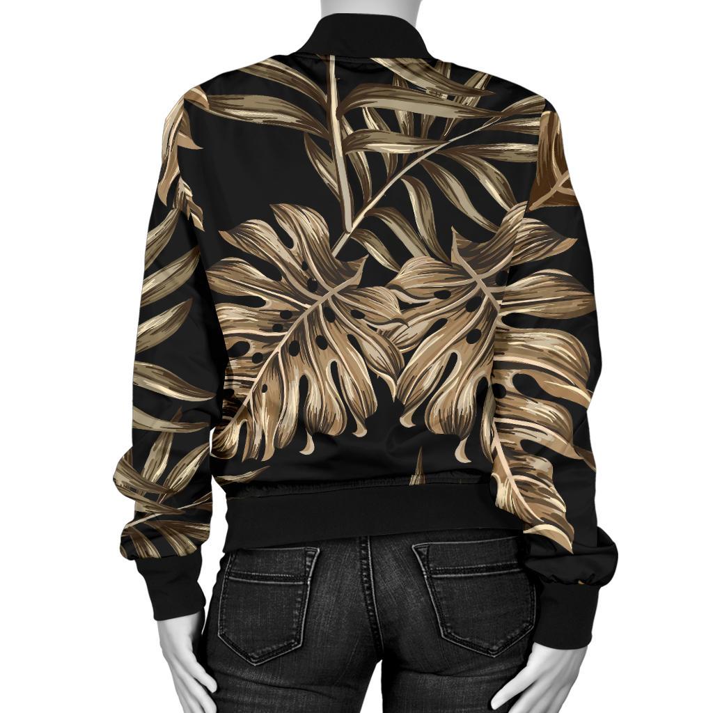 Brown Tropical Palm Leaves Women Casual Bomber Jacket