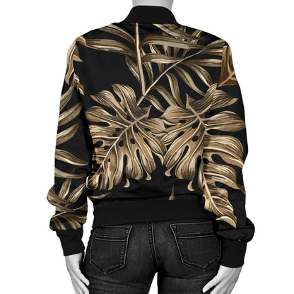 Brown Tropical Palm Leaves Women Casual Bomber Jacket