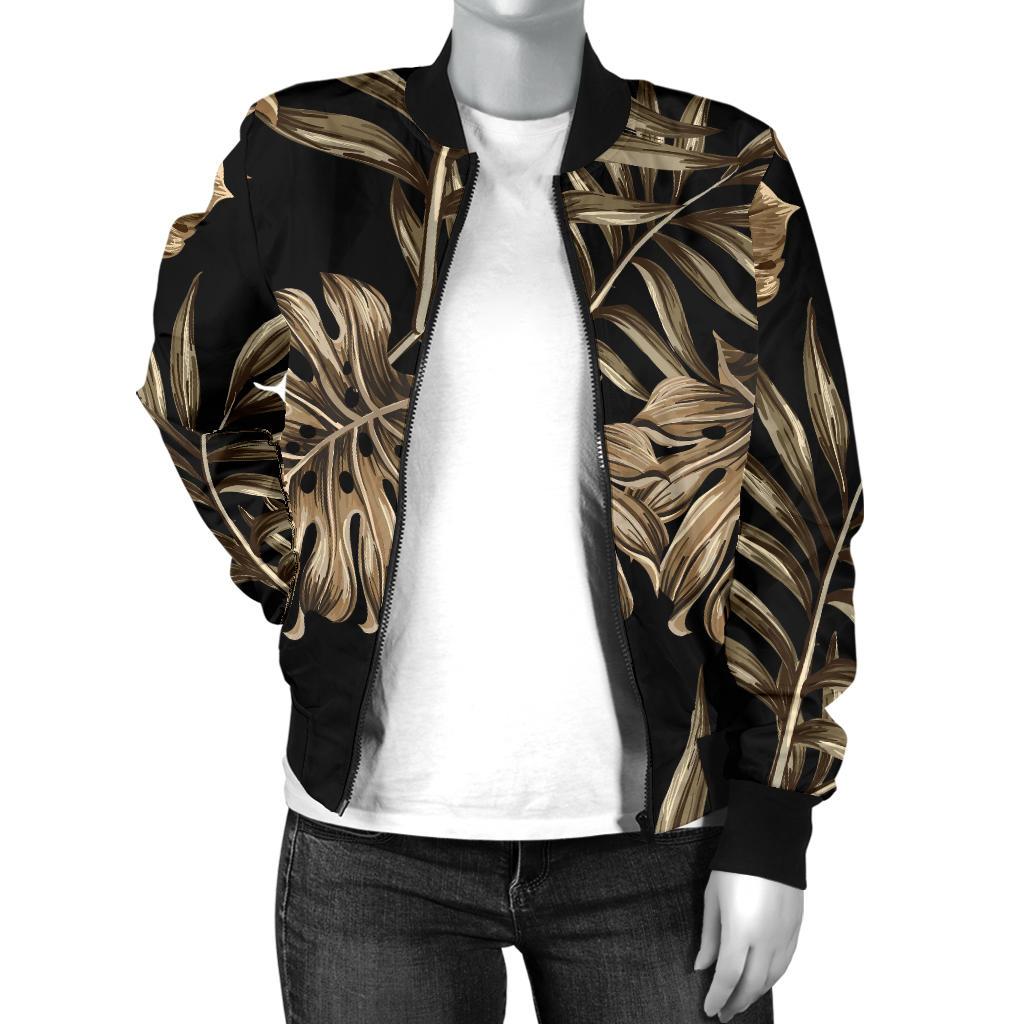 Brown Tropical Palm Leaves Women Casual Bomber Jacket