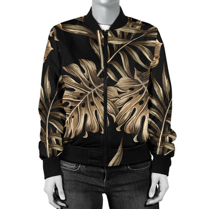 Brown Tropical Palm Leaves Women Casual Bomber Jacket