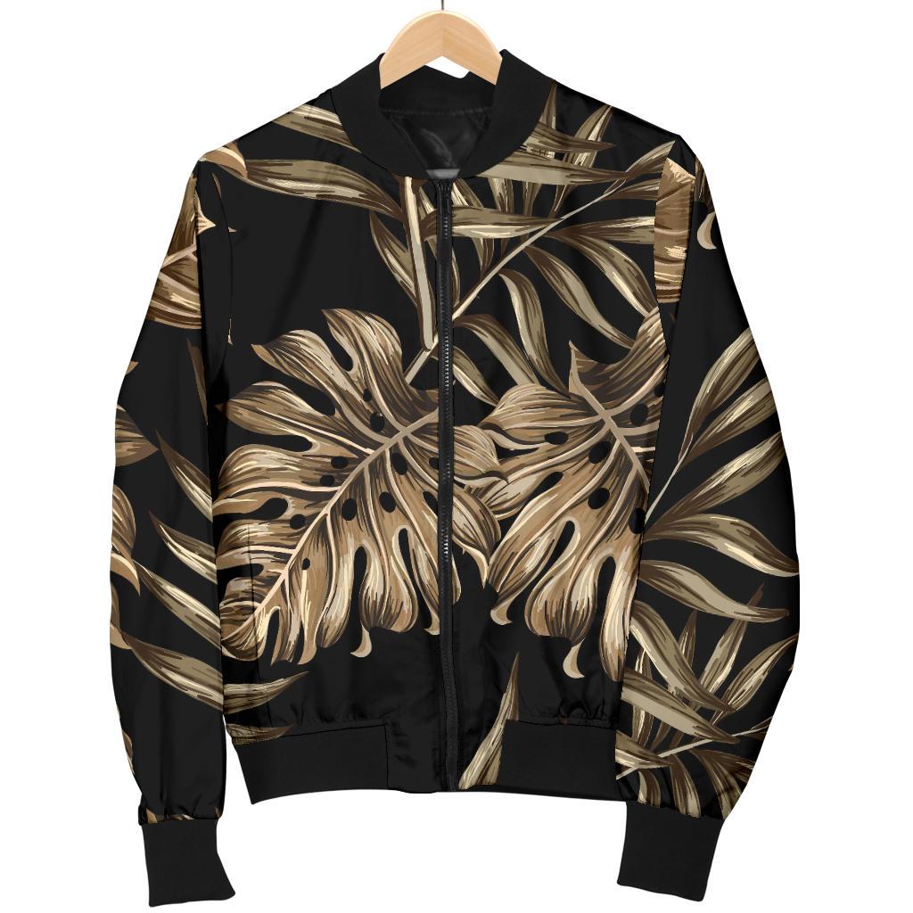 Brown Tropical Palm Leaves Women Casual Bomber Jacket