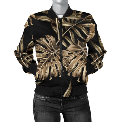 Brown Tropical Palm Leaves Women Casual Bomber Jacket