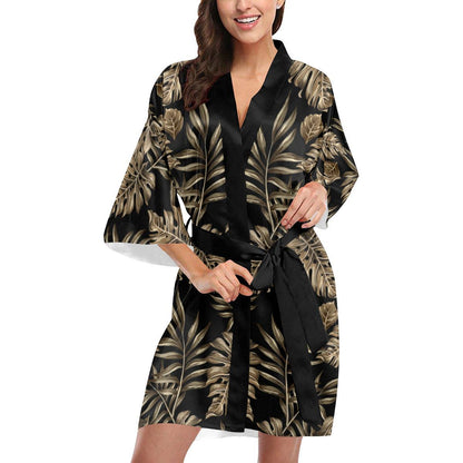 Brown Tropical Palm Leaves Women Short Kimono Robe