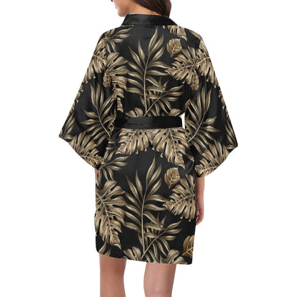 Brown Tropical Palm Leaves Women Short Kimono Robe