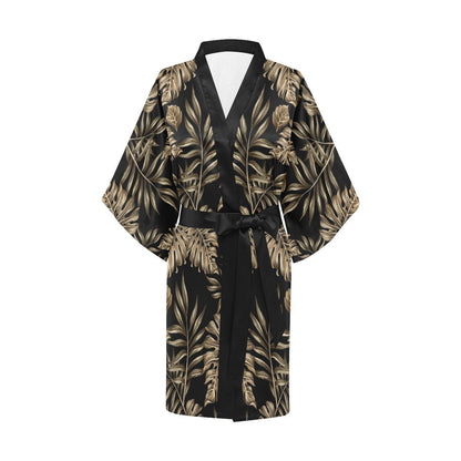 Brown Tropical Palm Leaves Women Short Kimono Robe