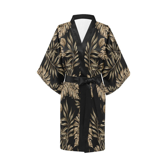 Brown Tropical Palm Leaves Women Short Kimono Robe