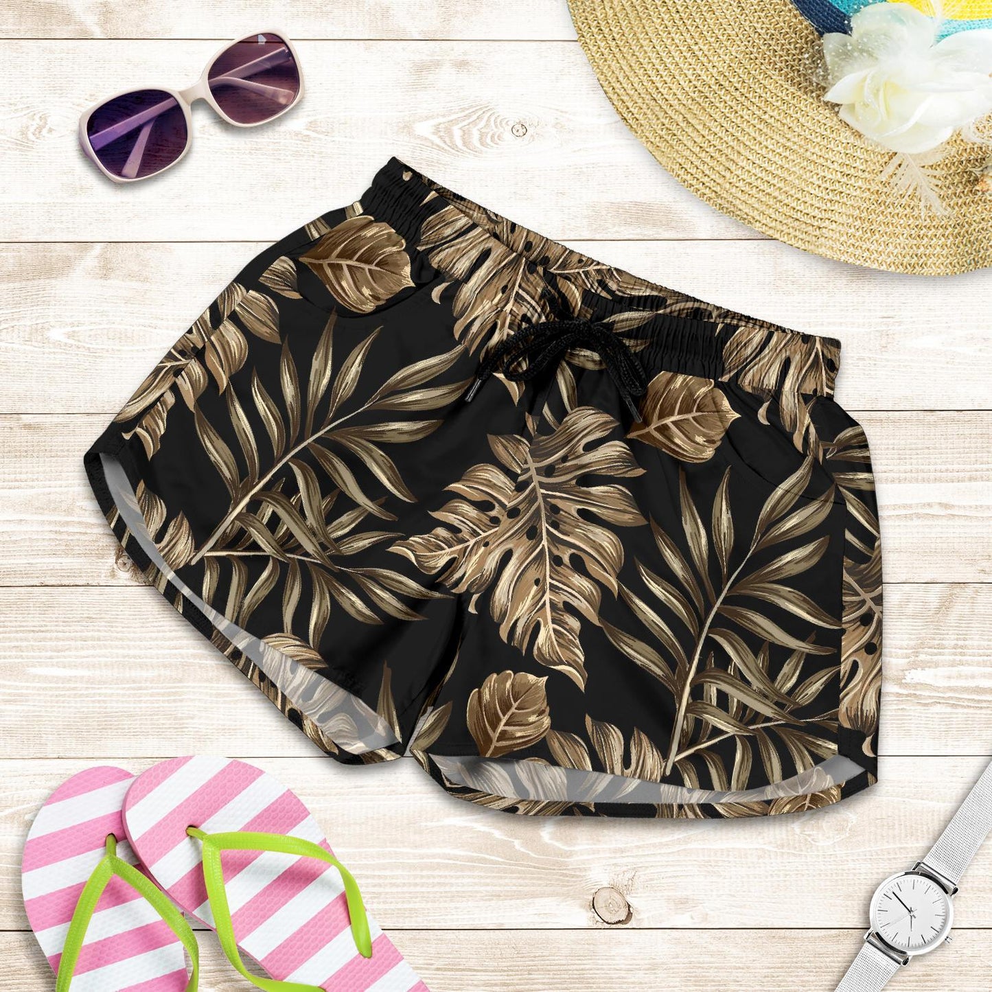 Brown Tropical Palm Leaves Women Shorts-JTAMIGO.COM