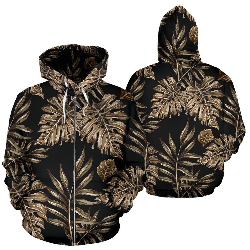 Brown Tropical Palm Leaves Zip Up Hoodie
