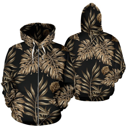 Brown Tropical Palm Leaves Zip Up Hoodie
