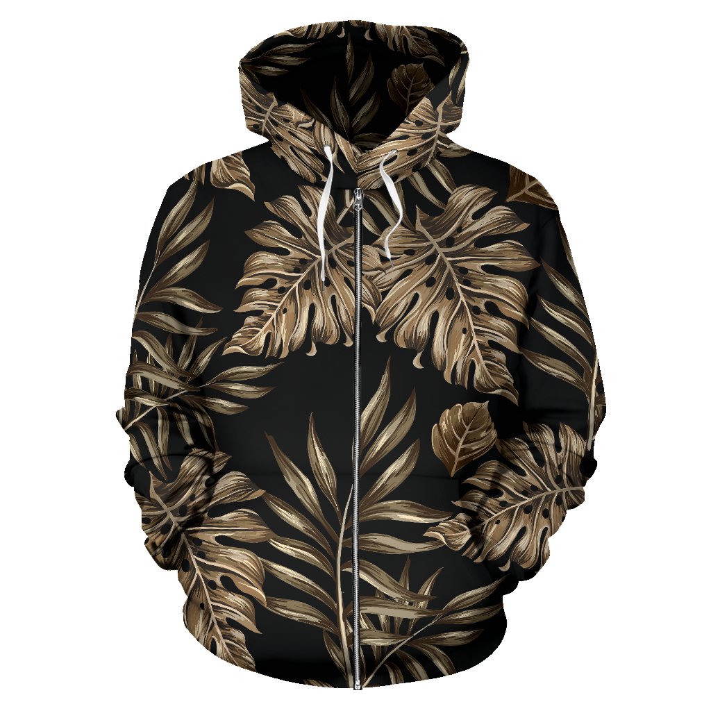 Brown Tropical Palm Leaves Zip Up Hoodie
