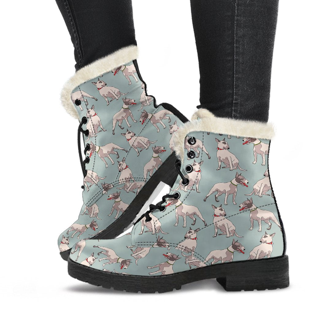 Bull Terrier Cute Print Pattern Faux Fur Leather Boots-JTAMIGO.COM