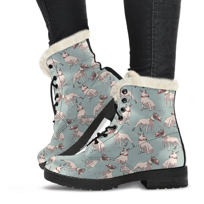 Bull Terrier Cute Print Pattern Faux Fur Leather Boots-JTAMIGO.COM