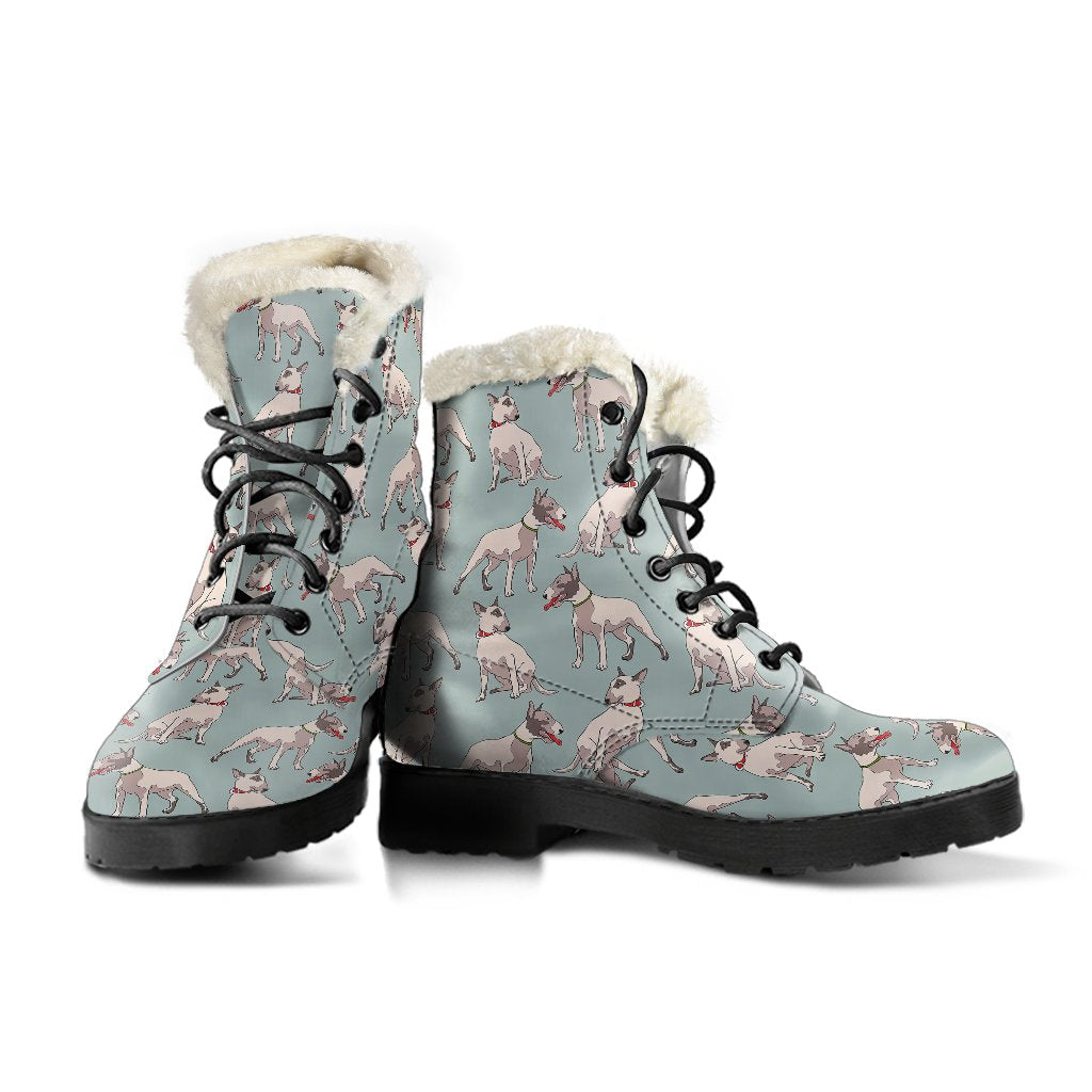 Bull Terrier Cute Print Pattern Faux Fur Leather Boots-JTAMIGO.COM
