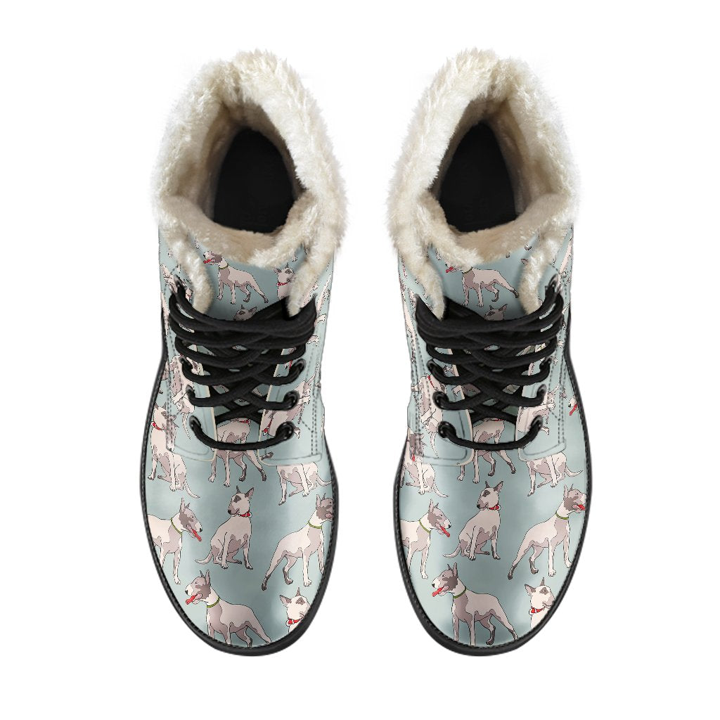 Bull Terrier Cute Print Pattern Faux Fur Leather Boots-JTAMIGO.COM