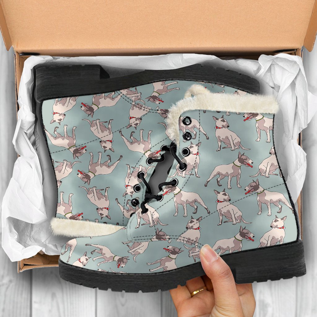 Bull Terrier Cute Print Pattern Faux Fur Leather Boots-JTAMIGO.COM