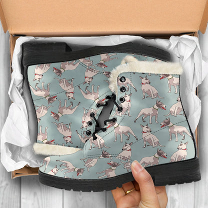 Bull Terrier Cute Print Pattern Faux Fur Leather Boots-JTAMIGO.COM