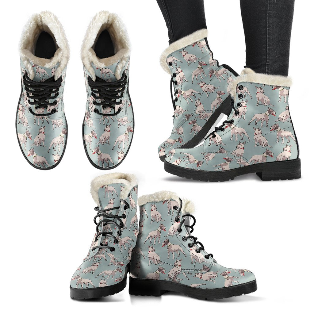 Bull Terrier Cute Print Pattern Faux Fur Leather Boots-JTAMIGO.COM