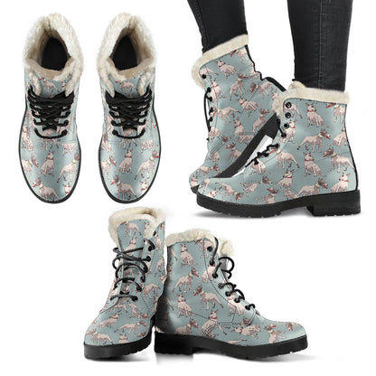 Bull Terrier Cute Print Pattern Faux Fur Leather Boots-JTAMIGO.COM