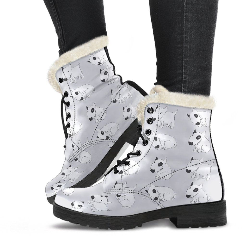Bull Terrier hand draw Print Pattern Faux Fur Leather Boots-JTAMIGO.COM