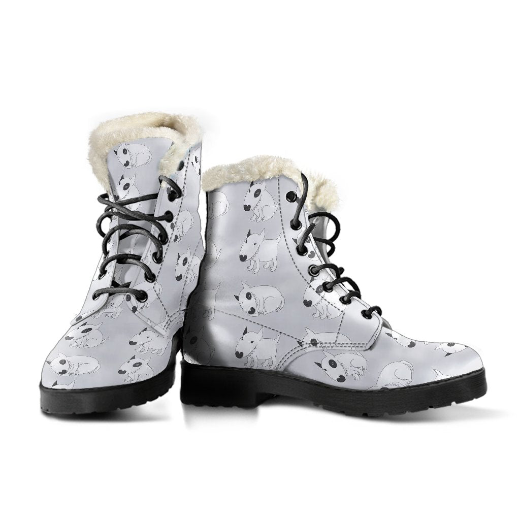 Bull Terrier hand draw Print Pattern Faux Fur Leather Boots-JTAMIGO.COM