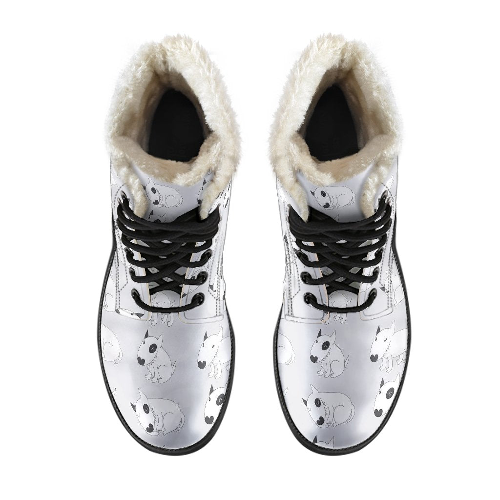 Bull Terrier hand draw Print Pattern Faux Fur Leather Boots-JTAMIGO.COM