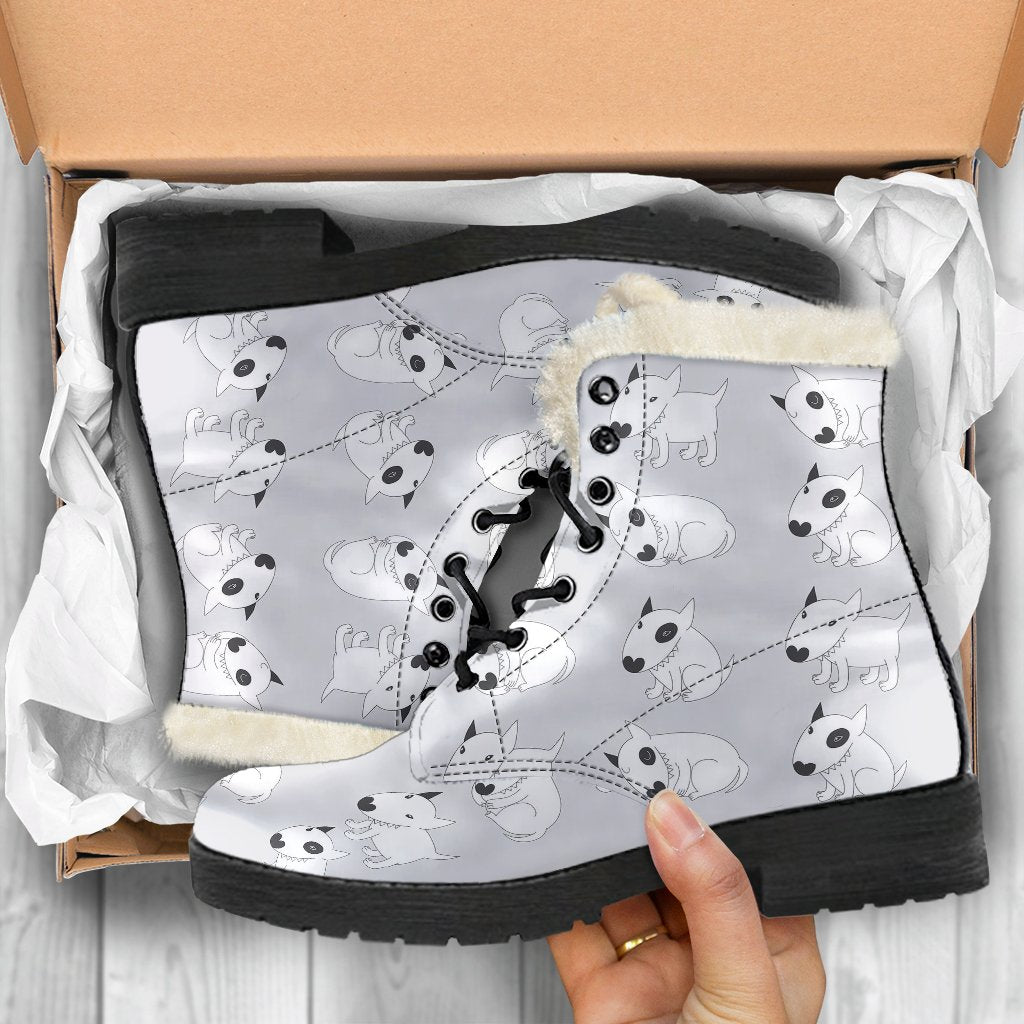 Bull Terrier hand draw Print Pattern Faux Fur Leather Boots-JTAMIGO.COM