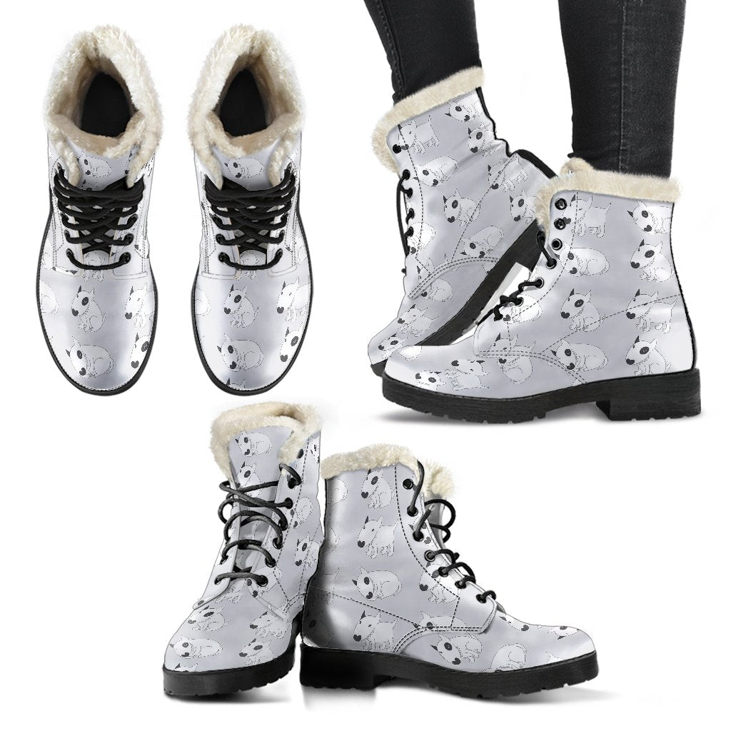 Bull Terrier hand draw Print Pattern Faux Fur Leather Boots-JTAMIGO.COM