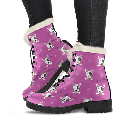 Bull Terrier Happy Print Pattern Faux Fur Leather Boots-JTAMIGO.COM