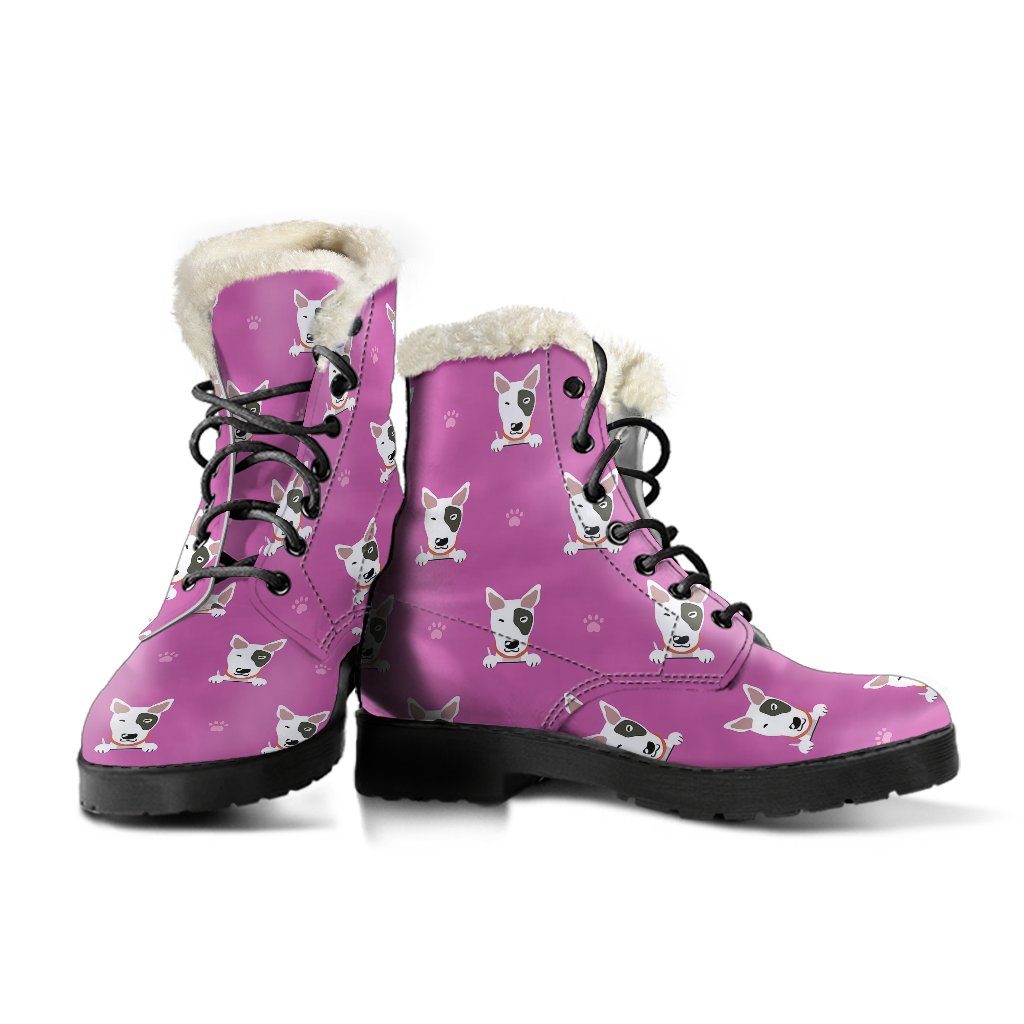 Bull Terrier Happy Print Pattern Faux Fur Leather Boots-JTAMIGO.COM