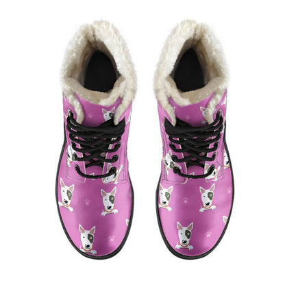 Bull Terrier Happy Print Pattern Faux Fur Leather Boots-JTAMIGO.COM
