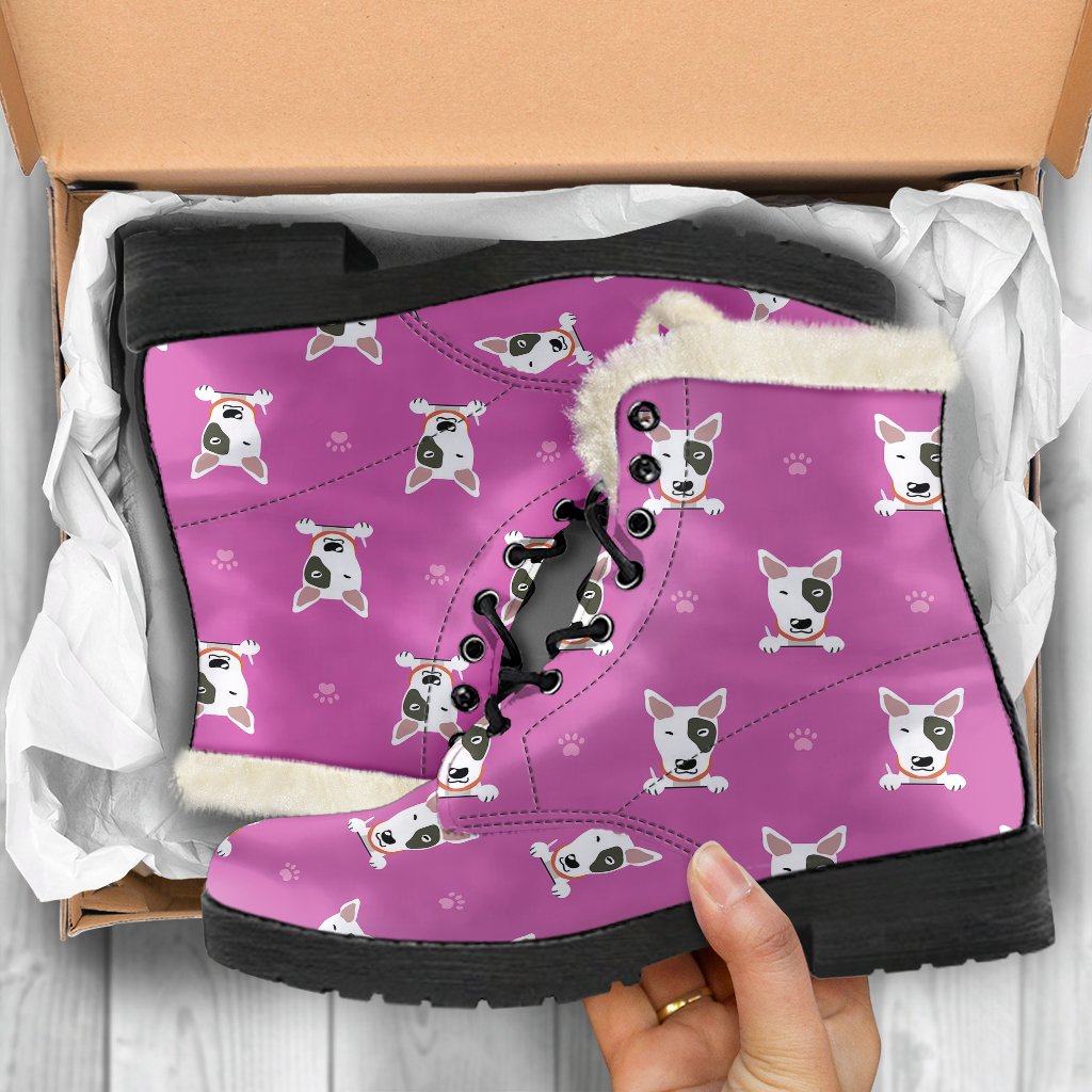 Bull Terrier Happy Print Pattern Faux Fur Leather Boots-JTAMIGO.COM
