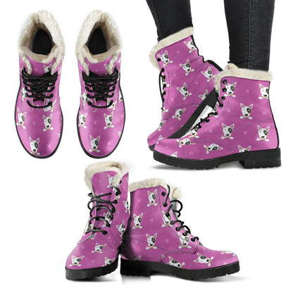 Bull Terrier Happy Print Pattern Faux Fur Leather Boots-JTAMIGO.COM