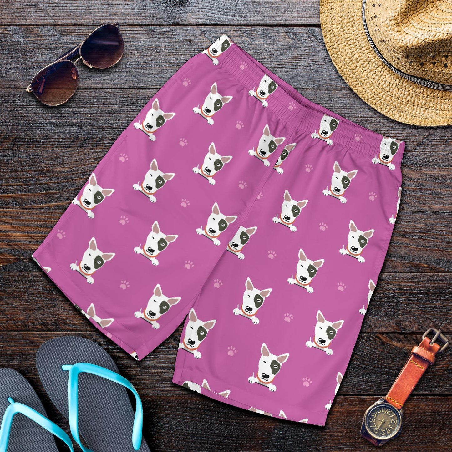 Bull Terrier Happy Print Pattern Mens Shorts-JTAMIGO.COM