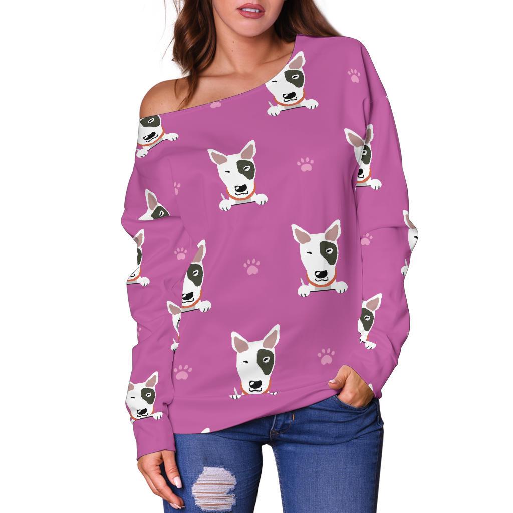 Bull Terrier Happy Print Pattern Off Shoulder Sweatshirt