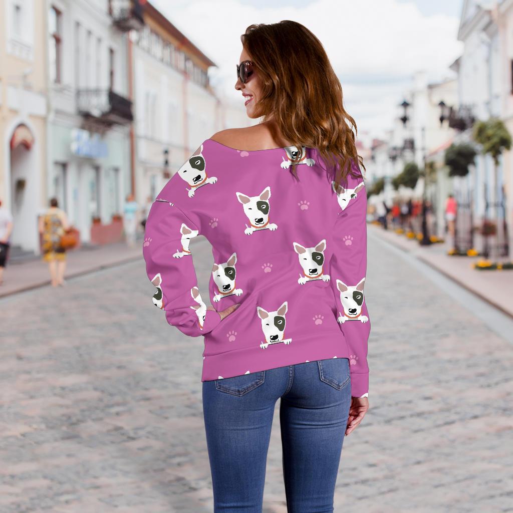 Bull Terrier Happy Print Pattern Off Shoulder Sweatshirt