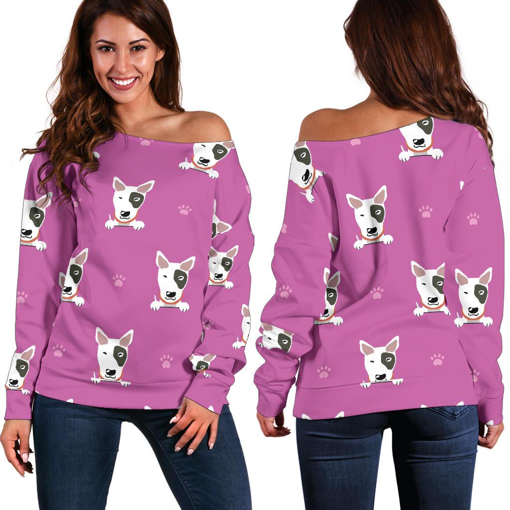 Bull Terrier Happy Print Pattern Off Shoulder Sweatshirt