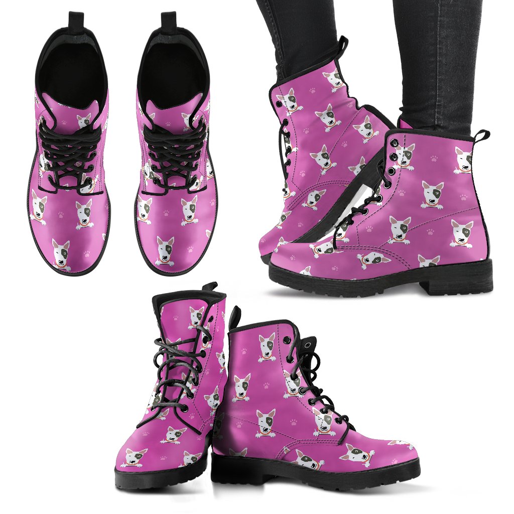 Bull Terrier Happy Print Pattern Women Leather Boots-JTAMIGO.COM