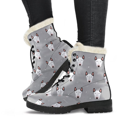 Bull Terrier Head Print Pattern Faux Fur Leather Boots-JTAMIGO.COM