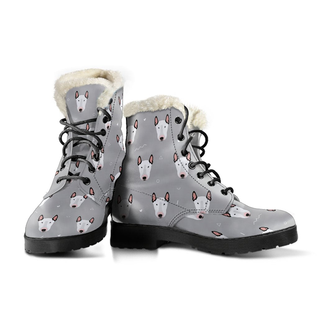 Bull Terrier Head Print Pattern Faux Fur Leather Boots-JTAMIGO.COM