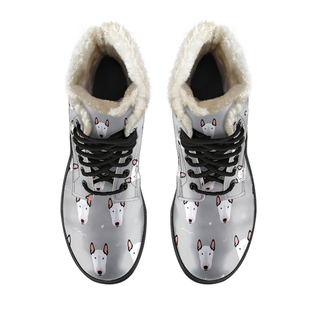 Bull Terrier Head Print Pattern Faux Fur Leather Boots-JTAMIGO.COM