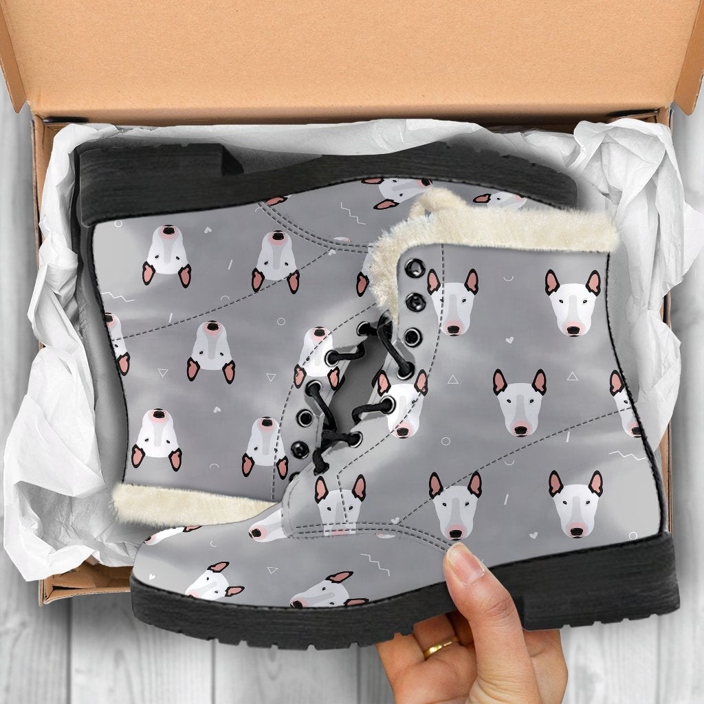 Bull Terrier Head Print Pattern Faux Fur Leather Boots-JTAMIGO.COM