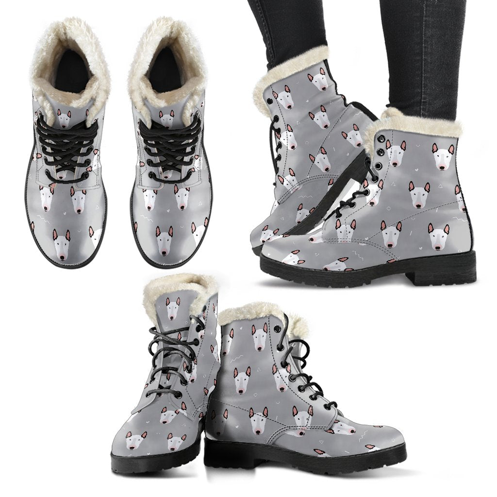 Bull Terrier Head Print Pattern Faux Fur Leather Boots-JTAMIGO.COM