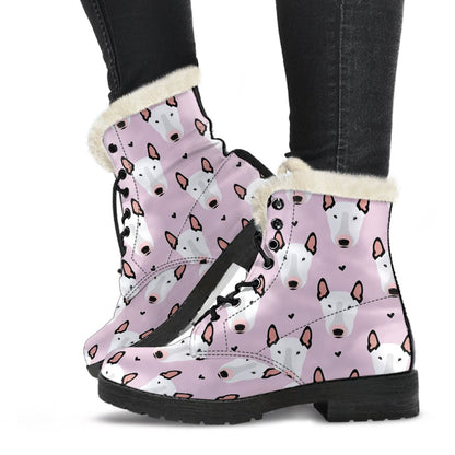 Bull Terrier Pink Print Pattern Faux Fur Leather Boots-JTAMIGO.COM