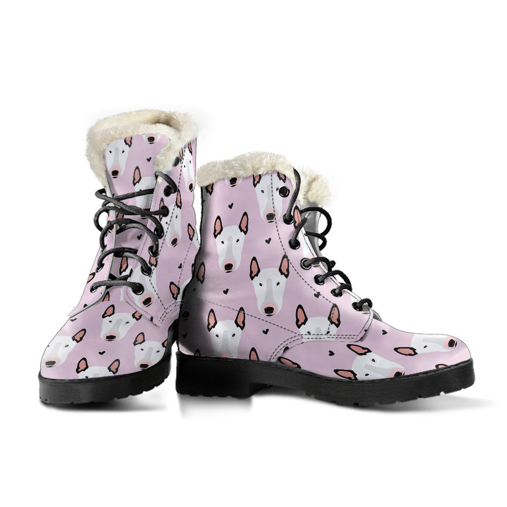 Bull Terrier Pink Print Pattern Faux Fur Leather Boots-JTAMIGO.COM
