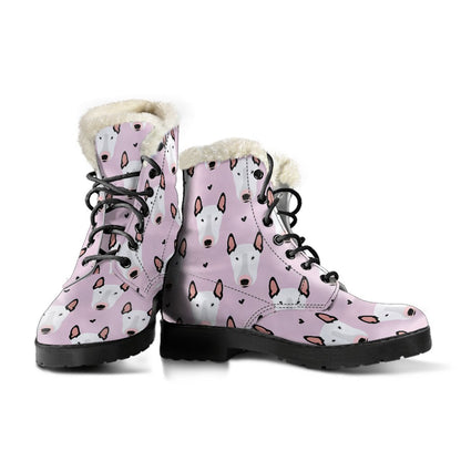 Bull Terrier Pink Print Pattern Faux Fur Leather Boots-JTAMIGO.COM