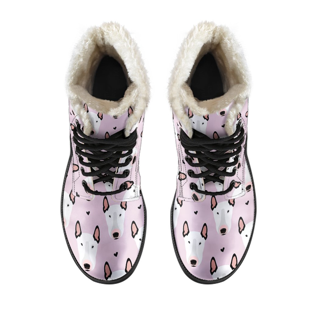 Bull Terrier Pink Print Pattern Faux Fur Leather Boots-JTAMIGO.COM
