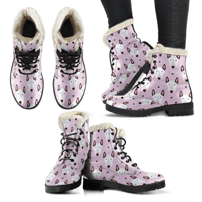 Bull Terrier Pink Print Pattern Faux Fur Leather Boots-JTAMIGO.COM